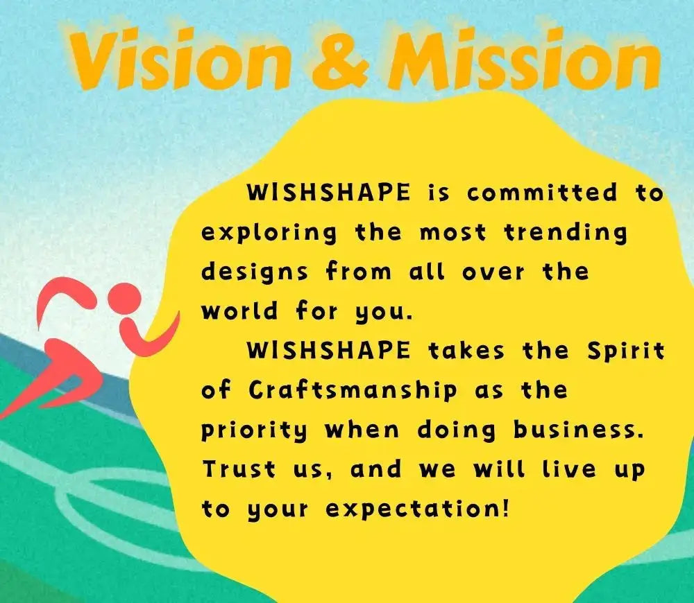 Graphic banner with Vision & Mission headline, bright gradient background and yellow speech-bubble text area.