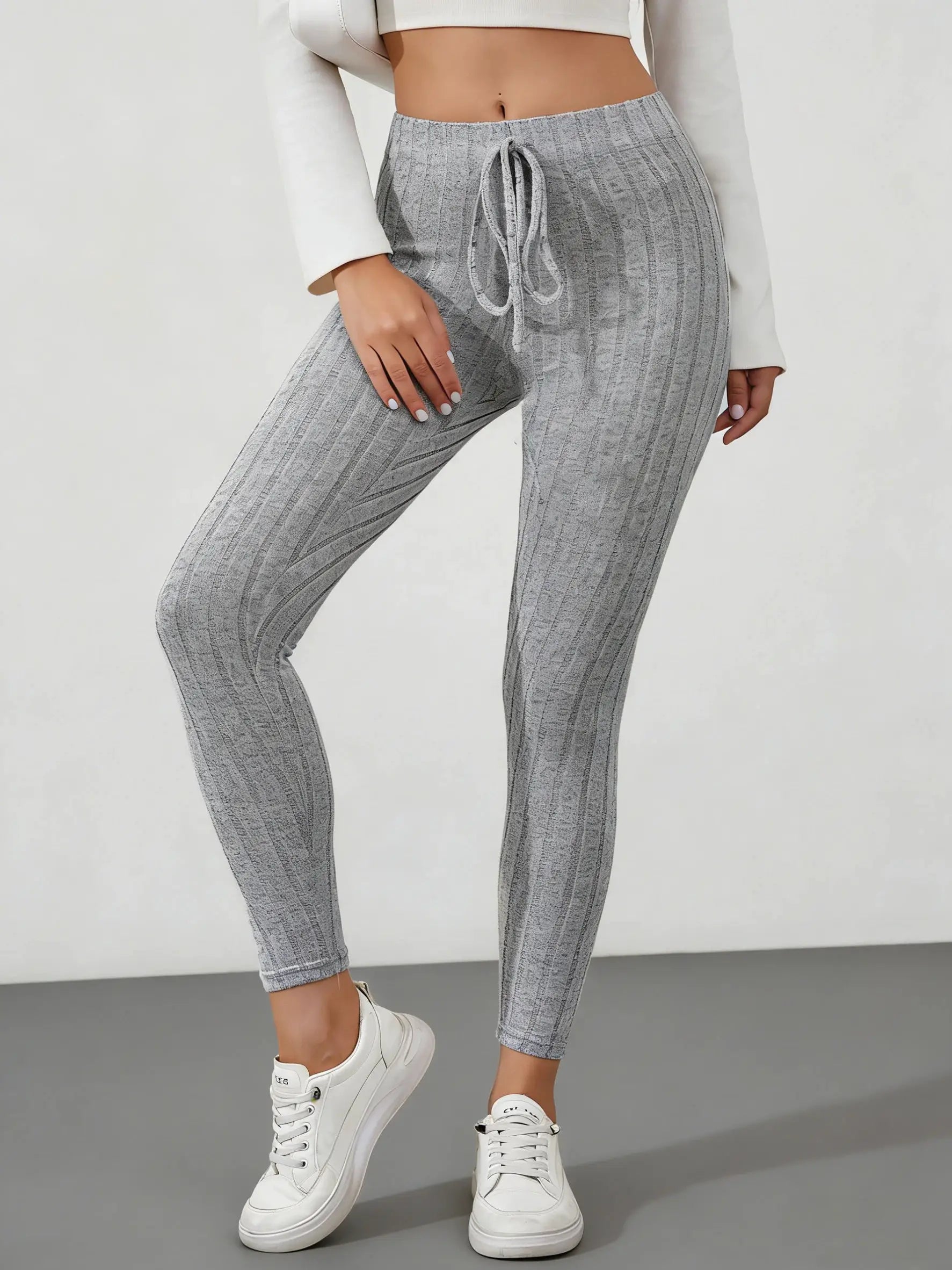 Women's grey ribbed stretch leggings with drawstring elastic waist