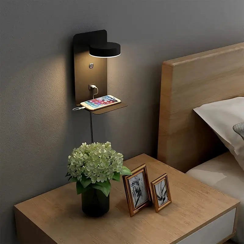 Bedroom LED wall lamp with USB charging and wooden shelf, black modern sconce