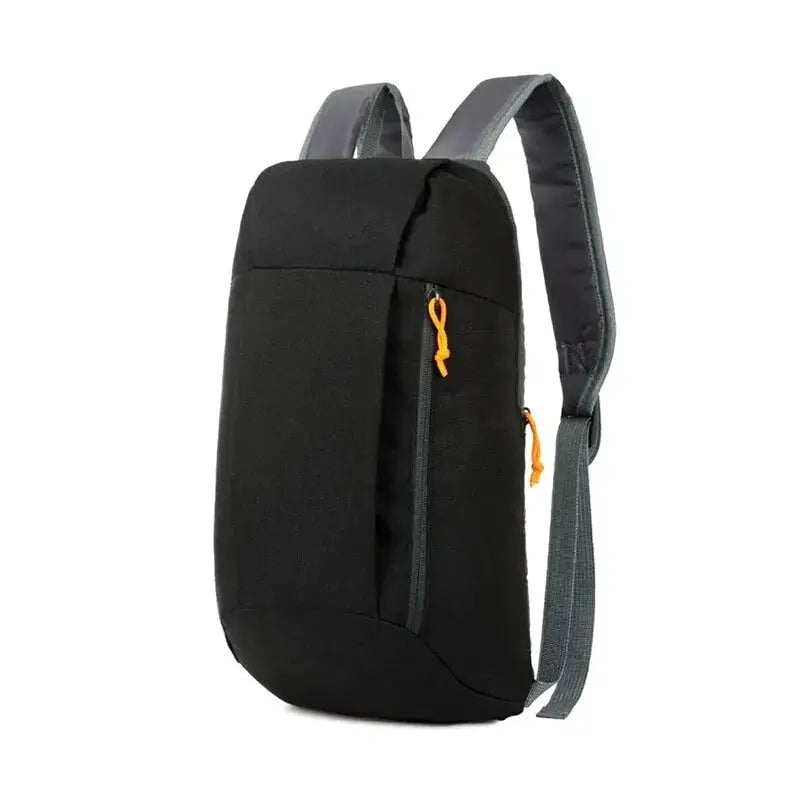 Men's outdoor lightweight small backpack by Simples Market, black with gray straps and orange zipper pulls