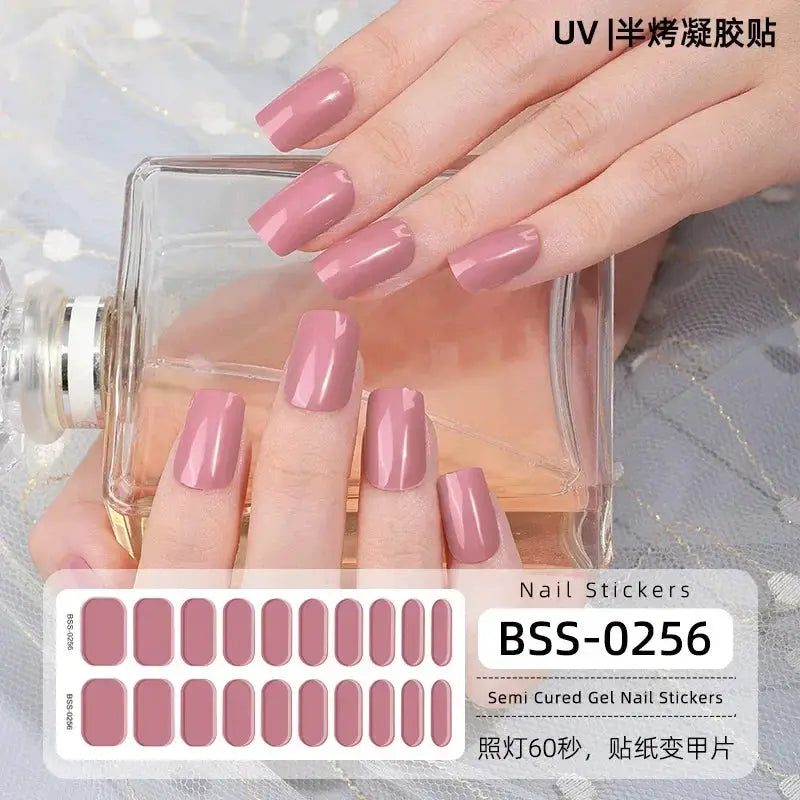 Simples Market gel nail stickers BSS-0256, semi-cured full-cover pink nail wraps for UV lamp DIY manicure.