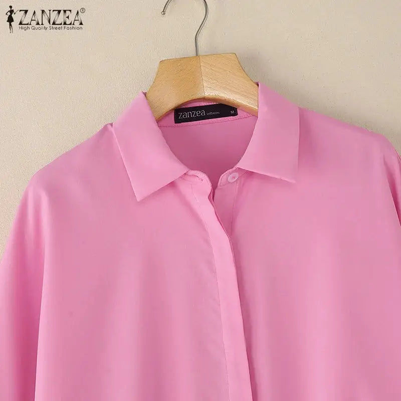ZANZEA pink oversized blouse with turn-down collar, long sleeves, button-up; brand tag visible.