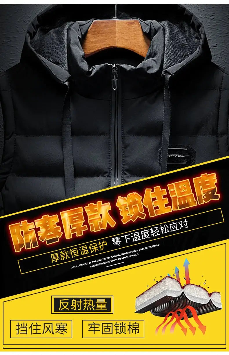 Simples Market black hooded men's puffer vest, sleeveless quilted jacket with front zipper for autumn/winter warmth.