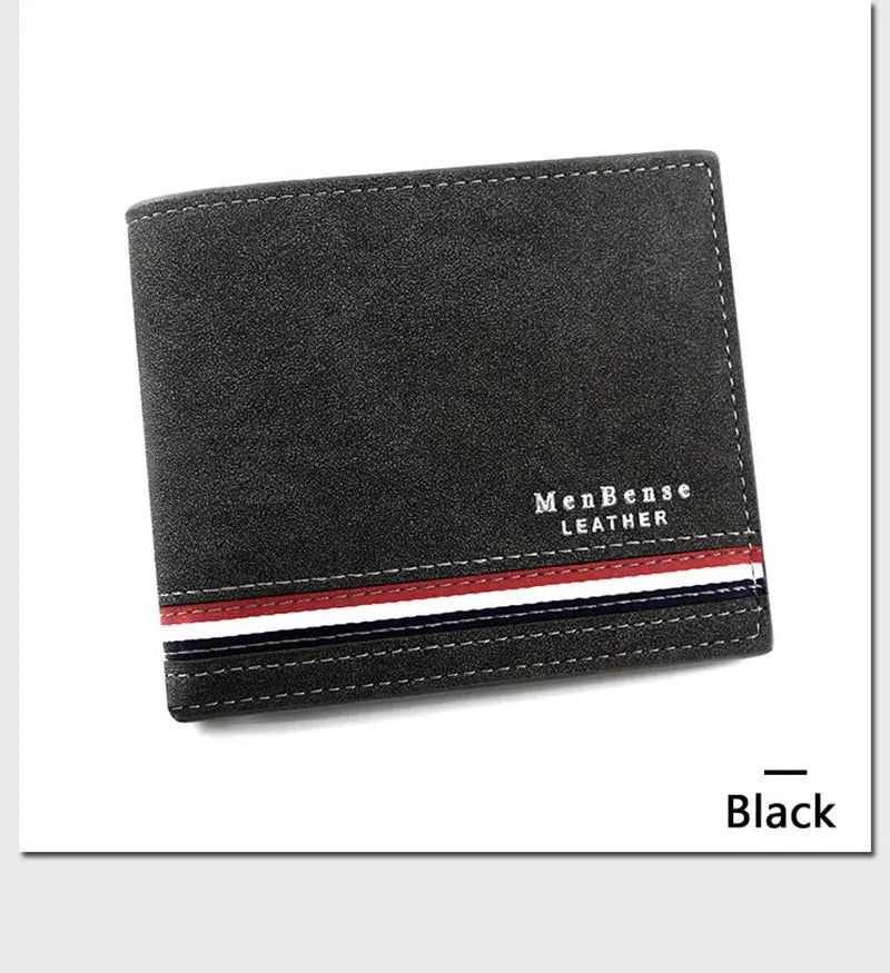 MenBense Leather black PU leather wallet with red, white and blue stripe