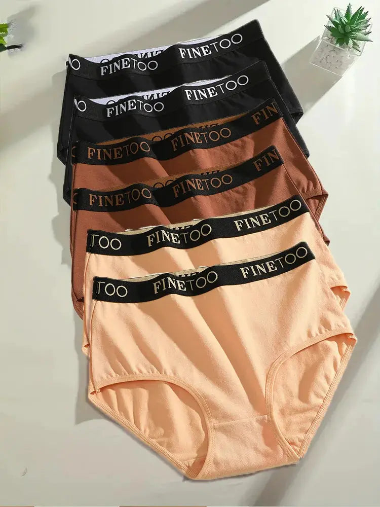 Finetoo seamless cotton briefs, 6-piece set in black, brown, nude, and peach with logo waistband.
