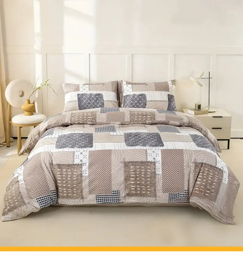 3pc patchwork duvet cover set by Simples Market, beige and gray bedding with 2 pillowcases