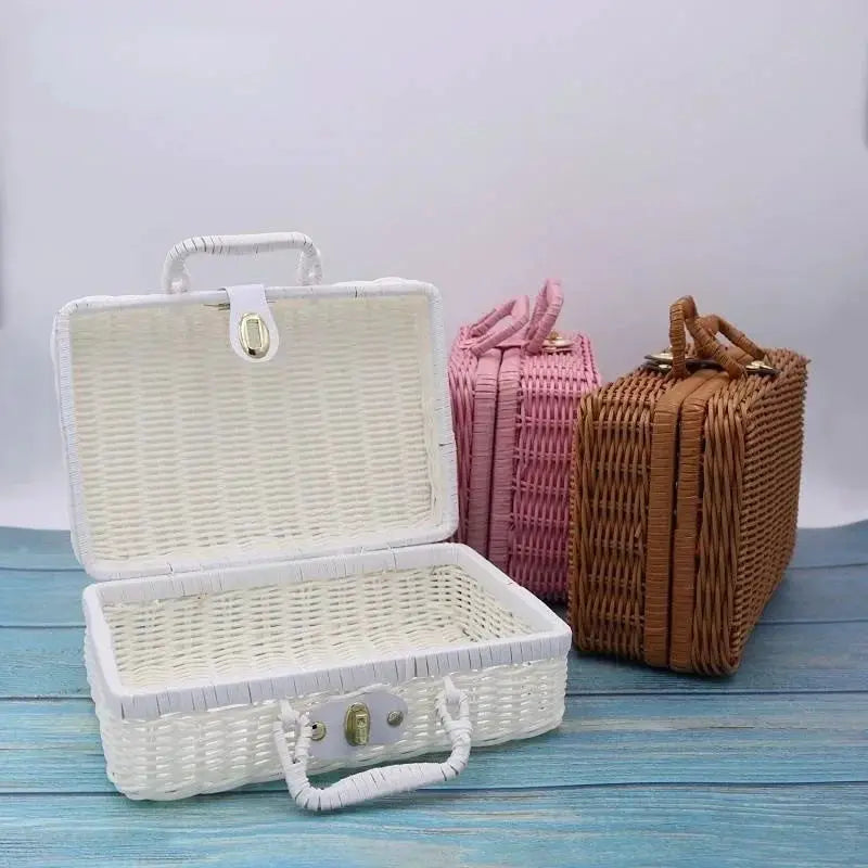 Rattan-like finishing box 3-piece set of woven storage baskets in white, pink, and brown with lids and handles