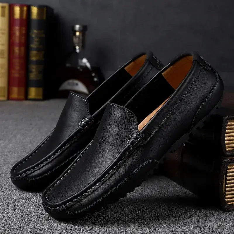Men's Simples Market genuine leather loafers, black slip-on casual driving shoes