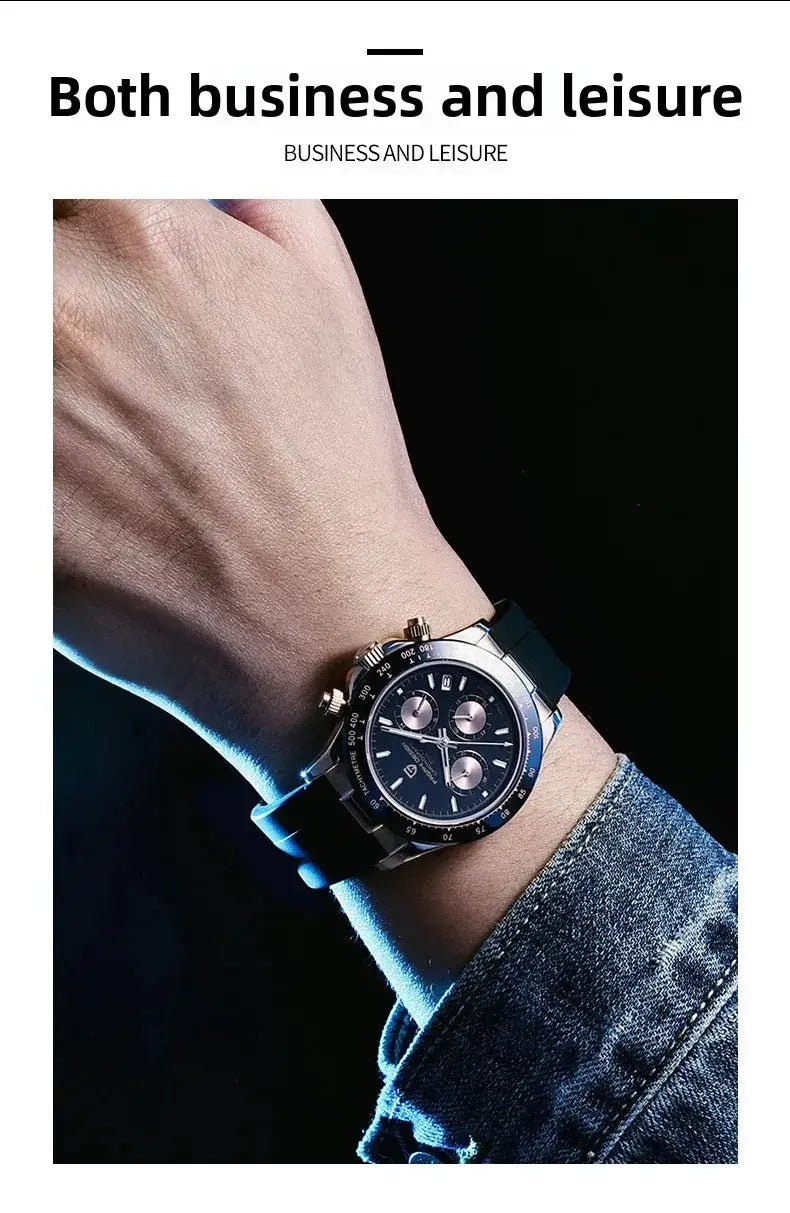 Stainless steel chronograph watch with blue strap and three subdials
