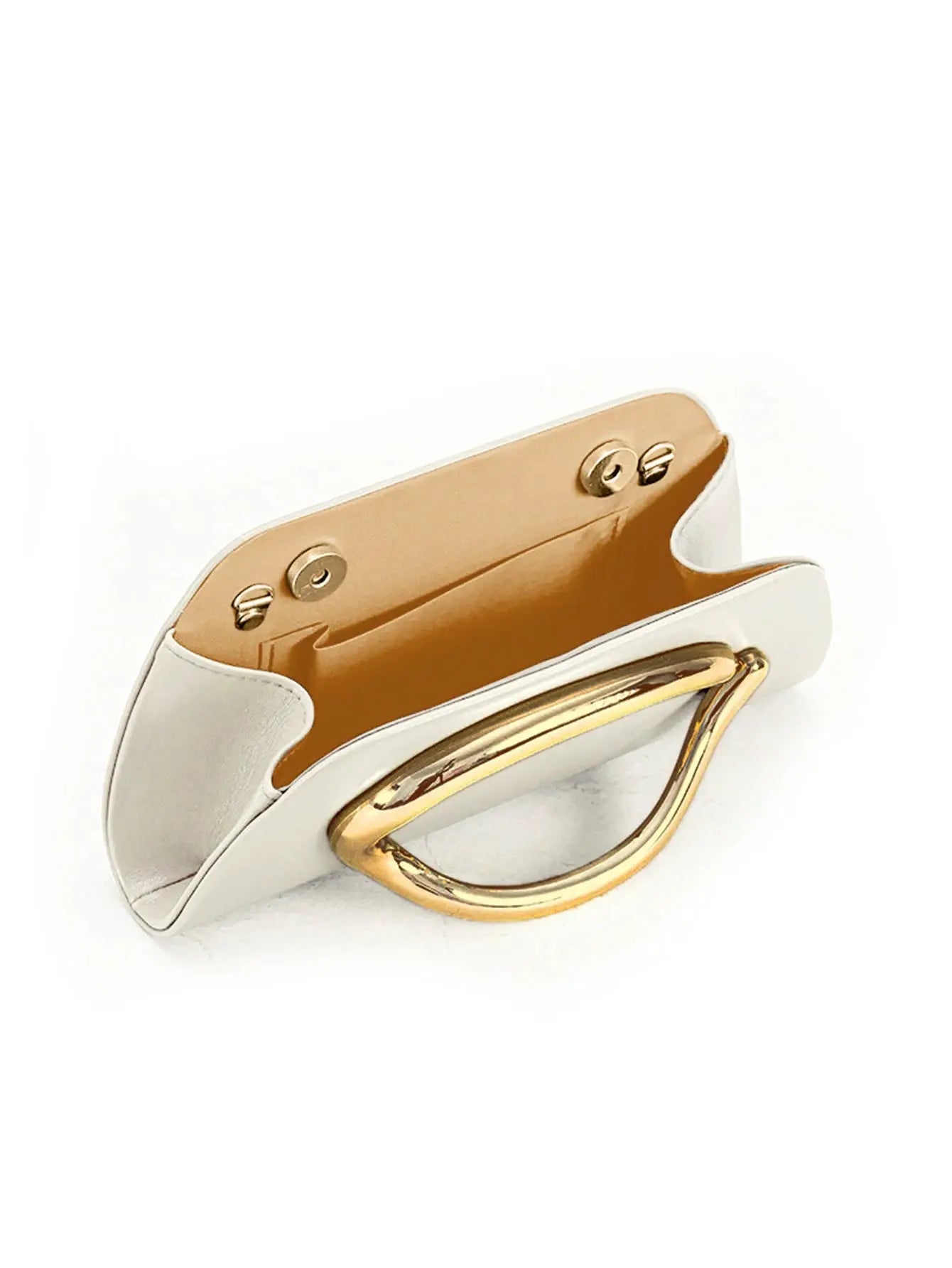 Box clutch in white with gold-tone buckle and curved gold handle; elegant evening bag