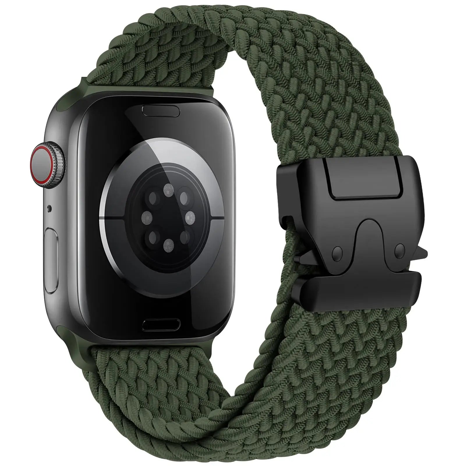 Parachute strap for Apple Watch, olive green braided nylon with black metal buckle