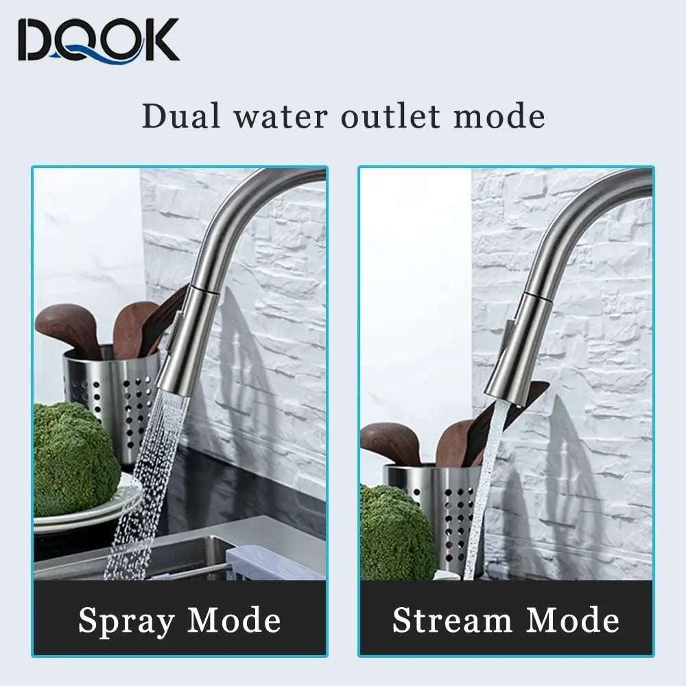 DQOK pull-out kitchen faucet in brushed nickel stainless steel with spray and stream modes