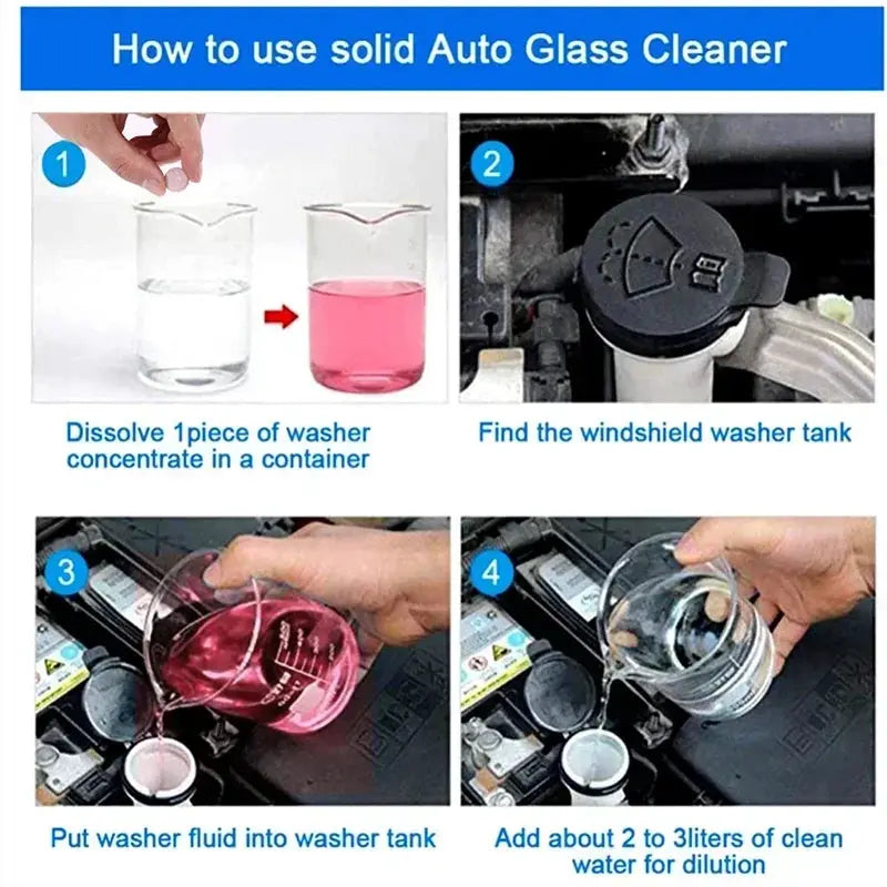 Windshield cleaner tablets Simples Market; 4-step guide: dissolve tab, locate washer tank, add fluid, dilute in water.