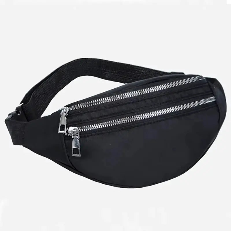 Fanny pack waist bag in black nylon with double silver zippers and an adjustable strap