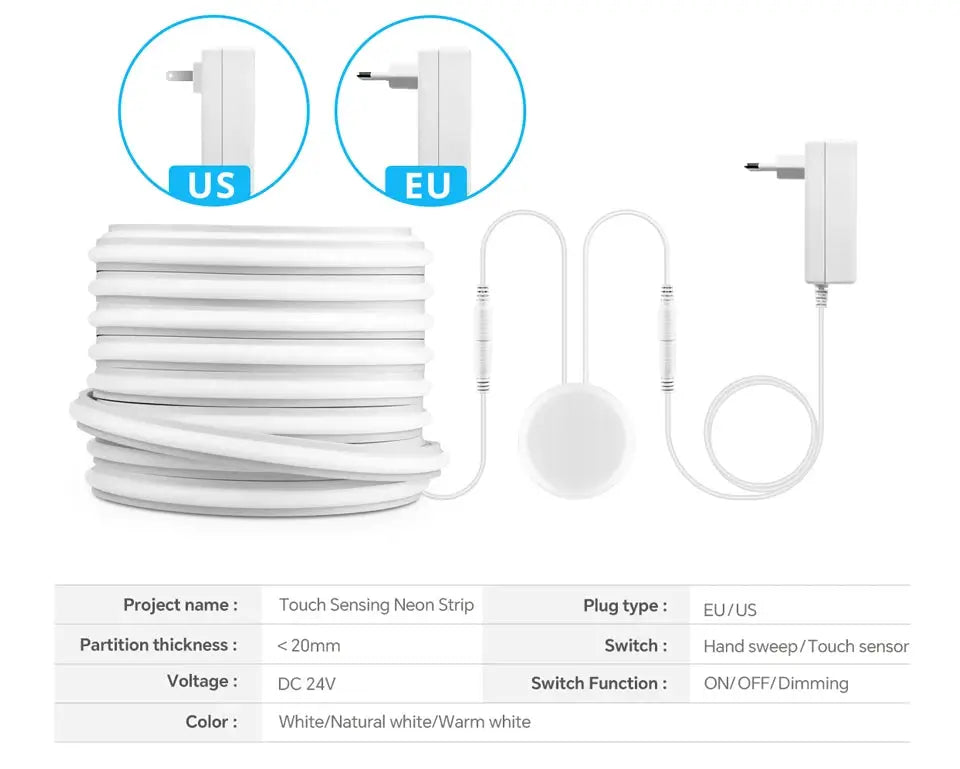 Simples Market self-adhesive COB LED under-cabinet lamp kit, white silicone neon light tape with touch dimming and US/EU plug adapters