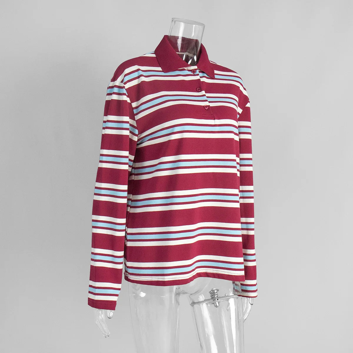 Autumn Striped Contrast Long Sleeve Polo Shirt For Women Button Lapel