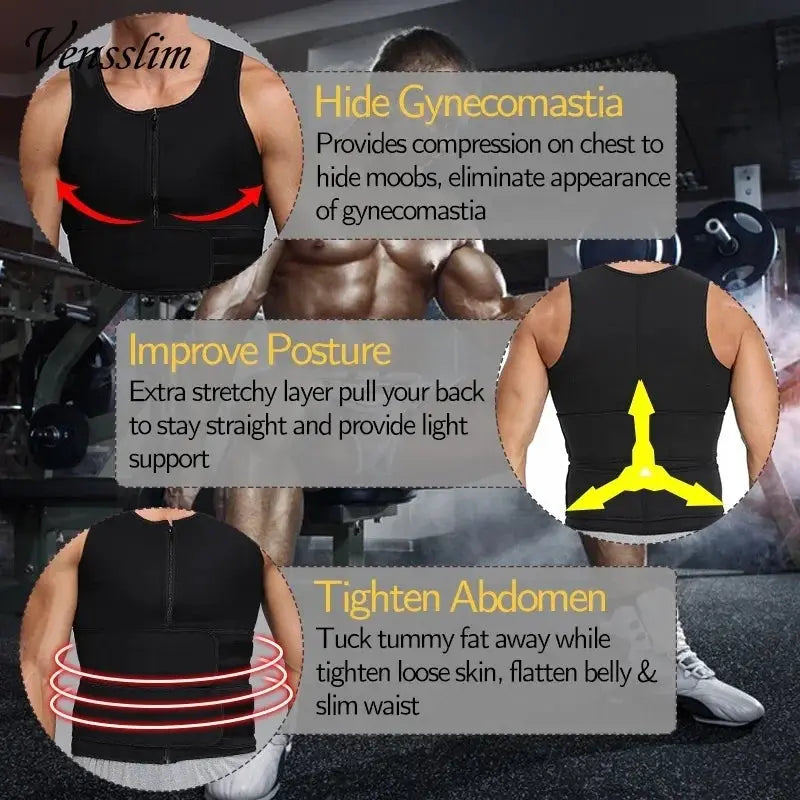 Vensslim men's black waist trainer vest; body shaper with sauna-style compression for posture and abdomen.