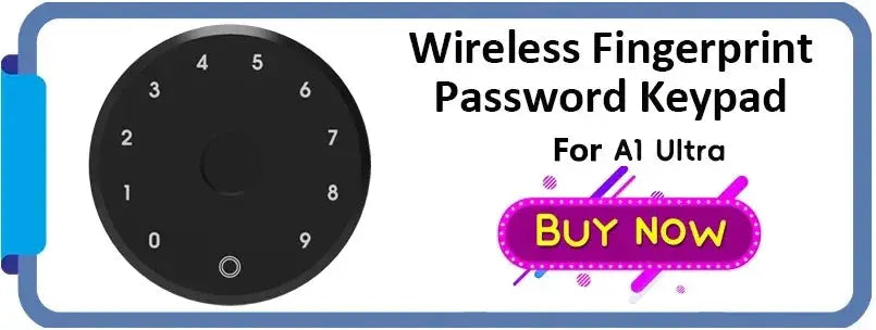 Wireless fingerprint keypad; black circular numeric dial on white banner with Buy Now graphic