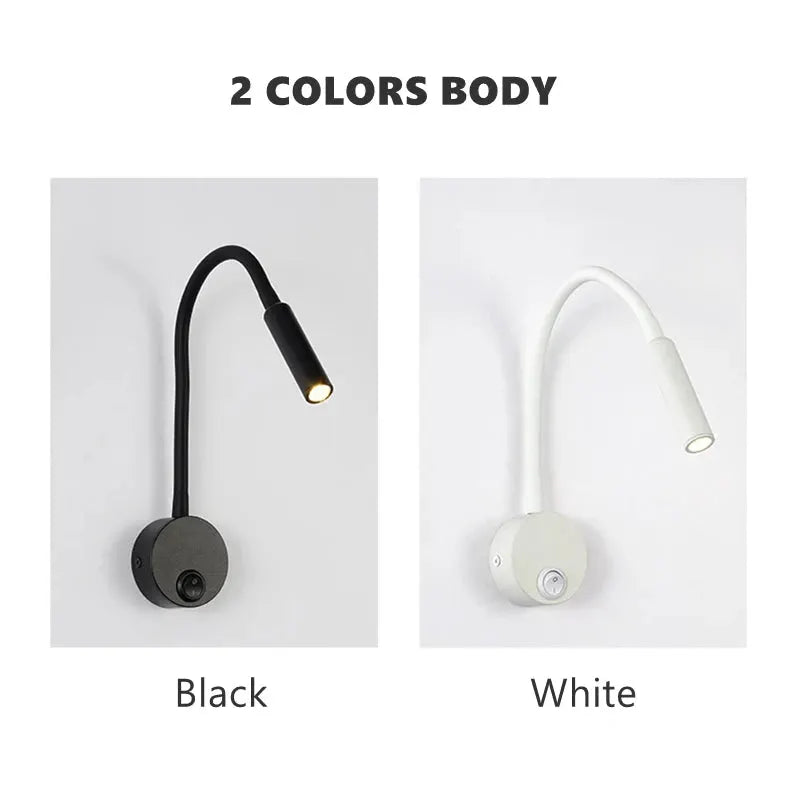 LED flexible hose wall lamp by Simples Market; black or white gooseneck bedside spotlight with switch.