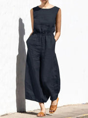 Simples Market women's cotton and linen jumpsuit, sleeveless, black, high-waist with pockets and wide legs