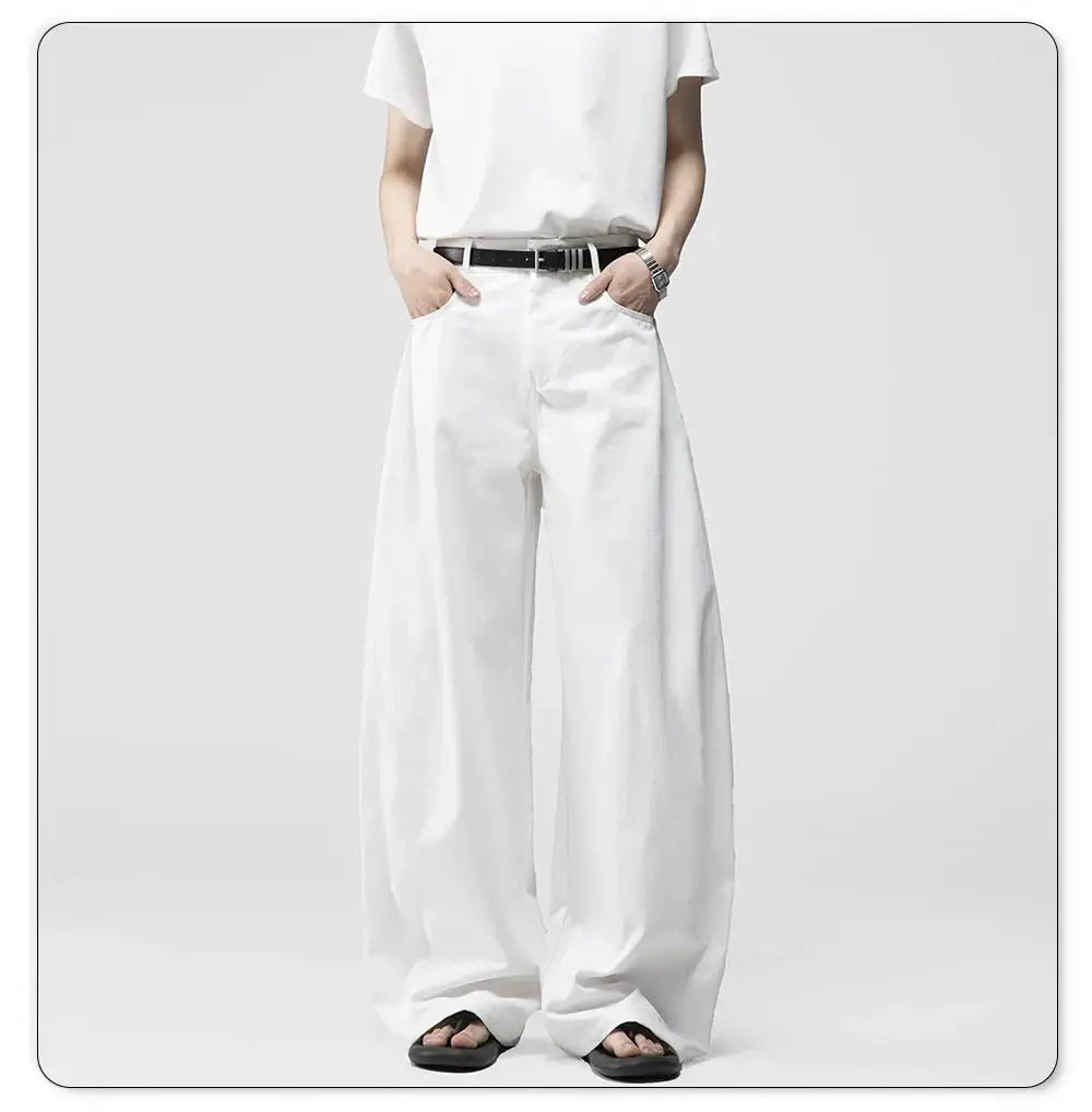 Men's white baggy wide-leg denim jeans for casual daily wear
