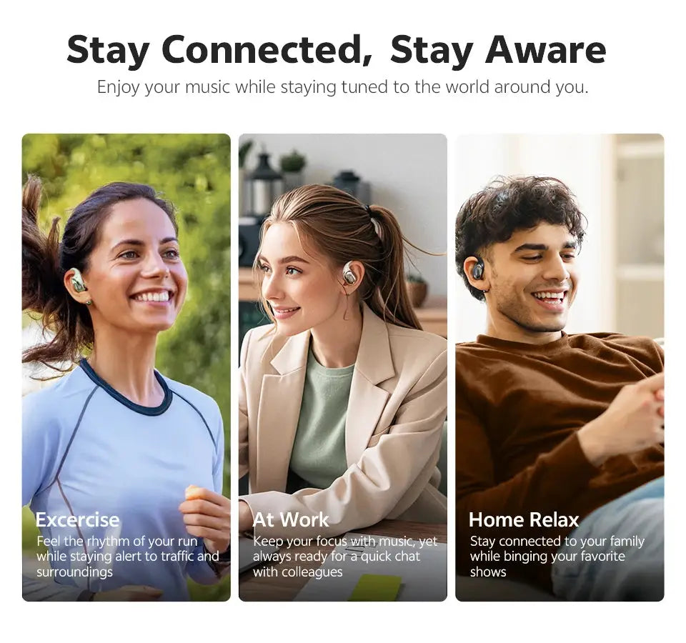 QCY Crossky R70 open-ear wireless headphones worn by three users across Exercise, At Work, and Home Relax scenes.