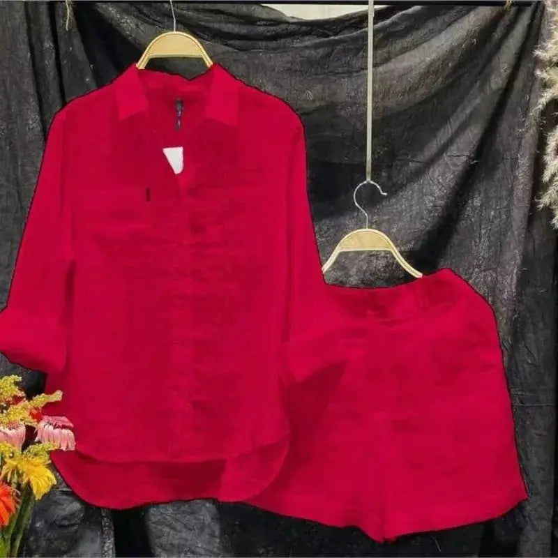 Cotton Linen White Long Sleeve Shirt And Shorts Set For Women