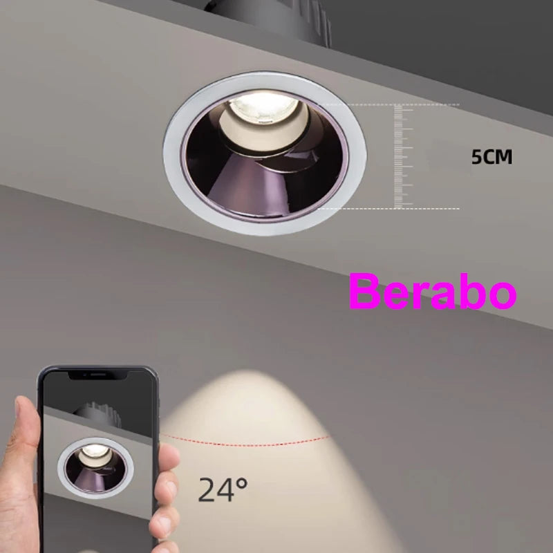 Recessed COB LED downlight, white finish, dimmable with 24° beam