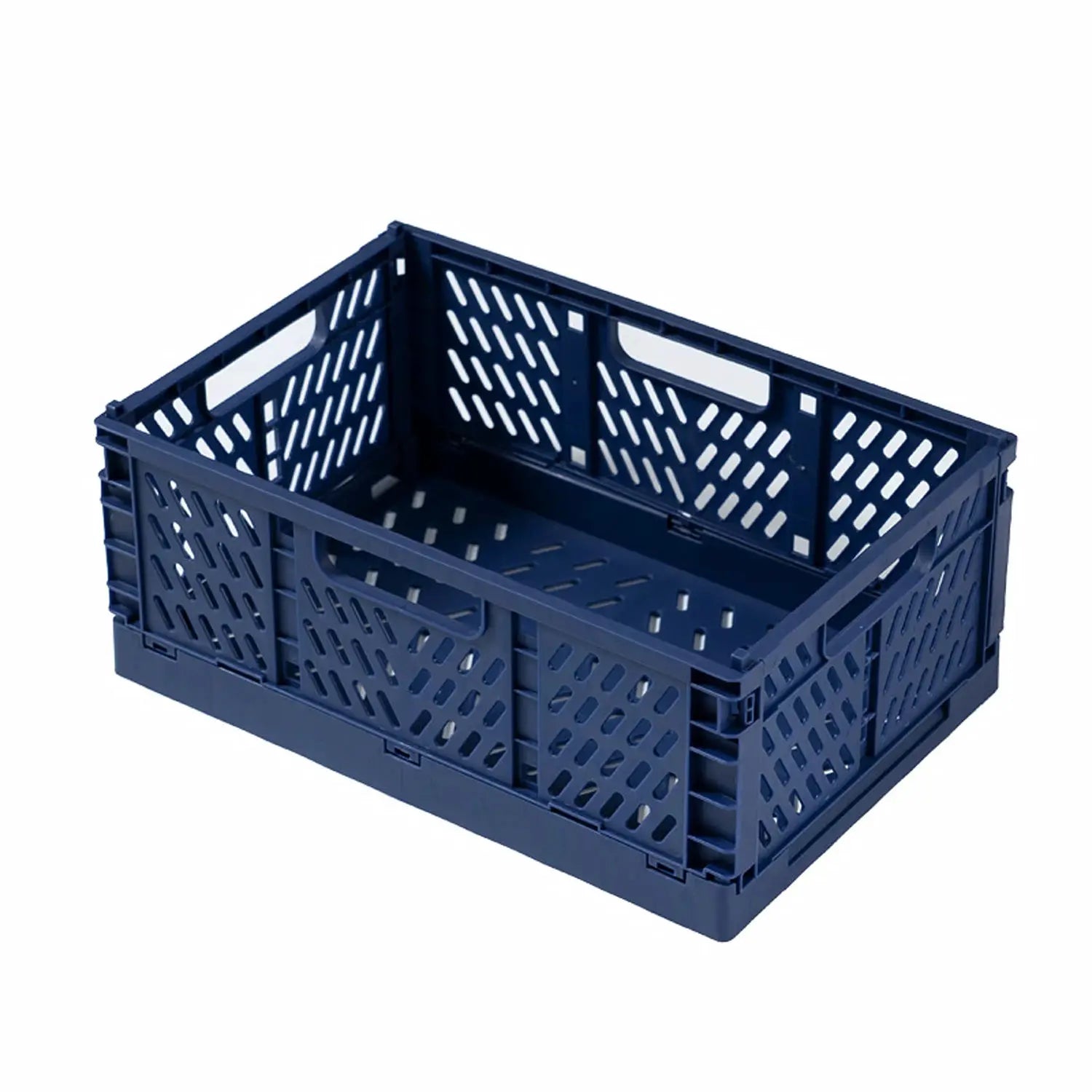 Plastic foldable storage crate, blue, portable and stackable for organization