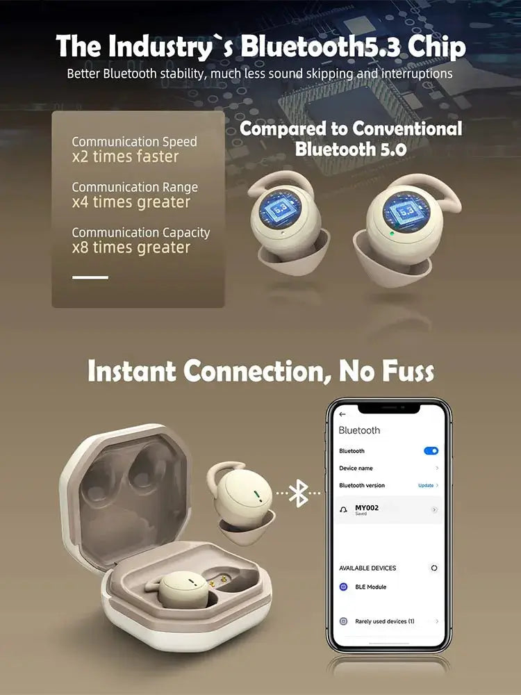 Simples Market Bluetooth sleep earbuds with charging case, beige wireless noise-cancelling earphones for small ears