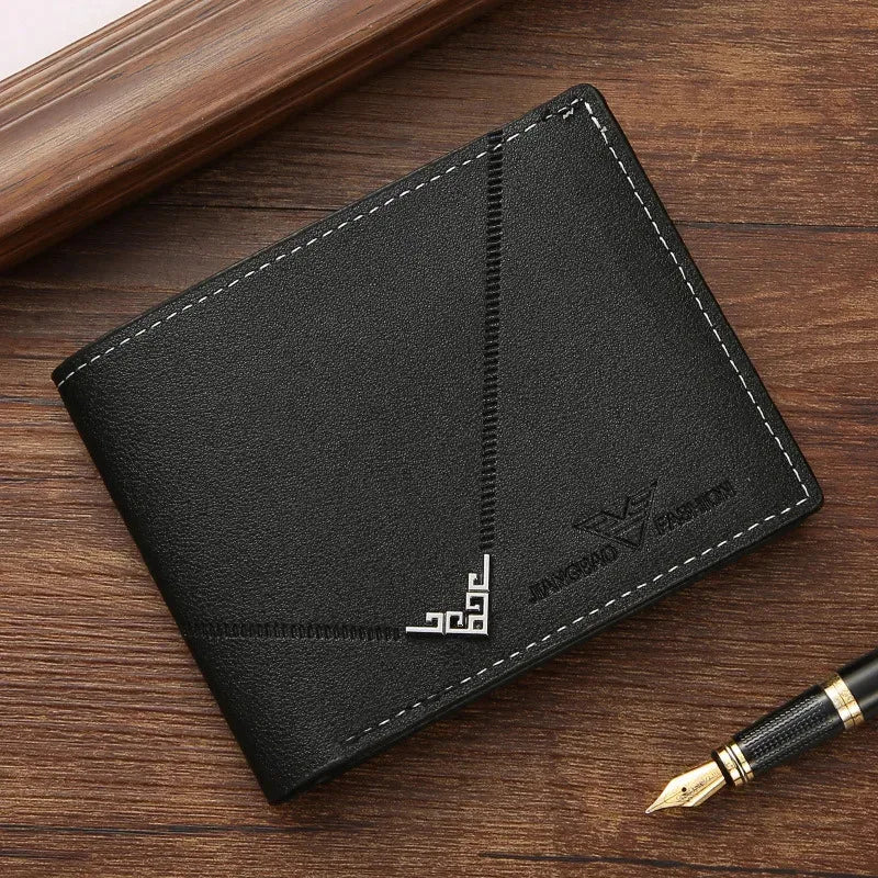 Simples Market black leather slim bifold front-pocket wallet with white stitching and RFID blocking
