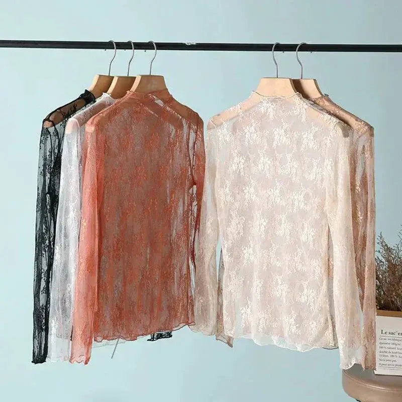 Sexy Women Mesh T Shirt See Through Top Lace Blouse Long Sleeve O Neck Sheer Crop Tee For Night Club Party