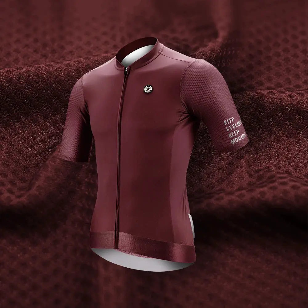DAREVIE cycling jersey burgundy, SPF 50+ full-zip breathable shirt with Simples Market badge on chest
