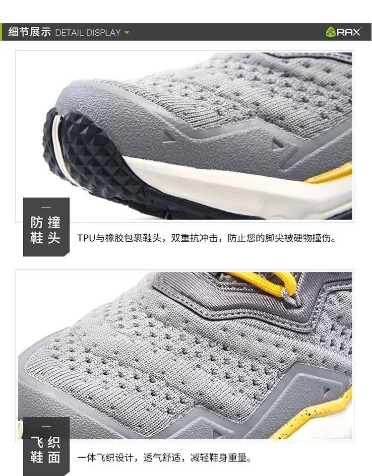 Rax men's waterproof hiking shoes with gray knitted upper, reinforced toe, black outsole, yellow accents.