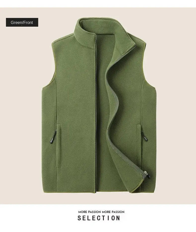 Green fleece waistcoat vest for men with zip pockets and stand collar
