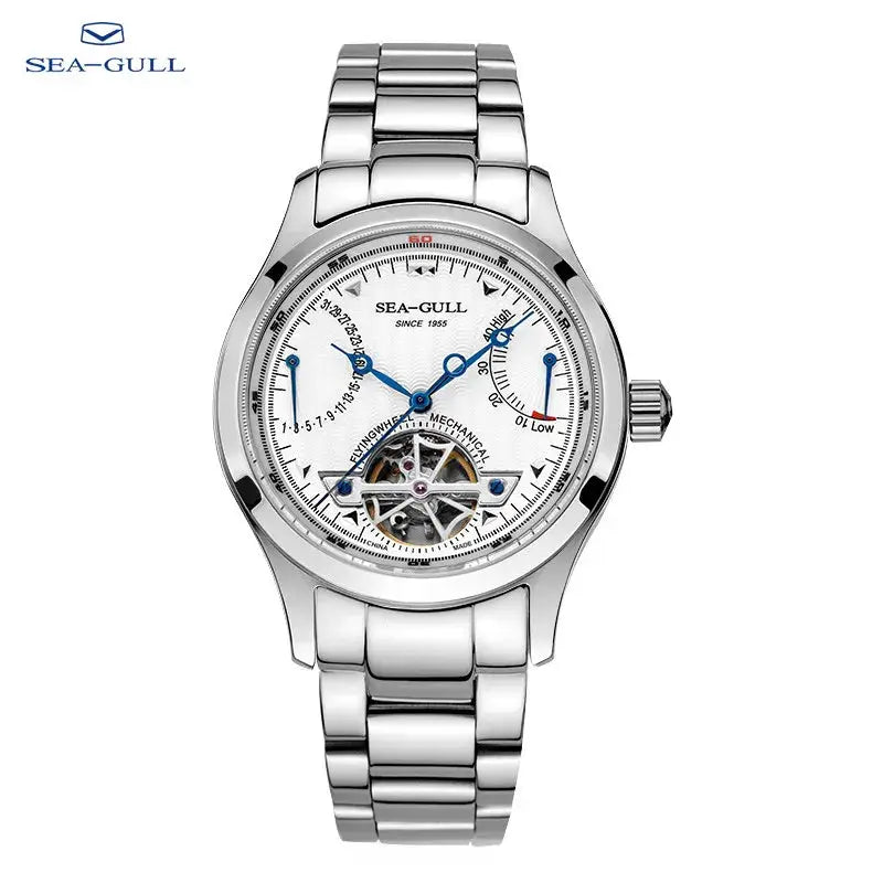 Sea-Gull men's automatic mechanical watch with silver stainless steel band and calendar multifunction dial