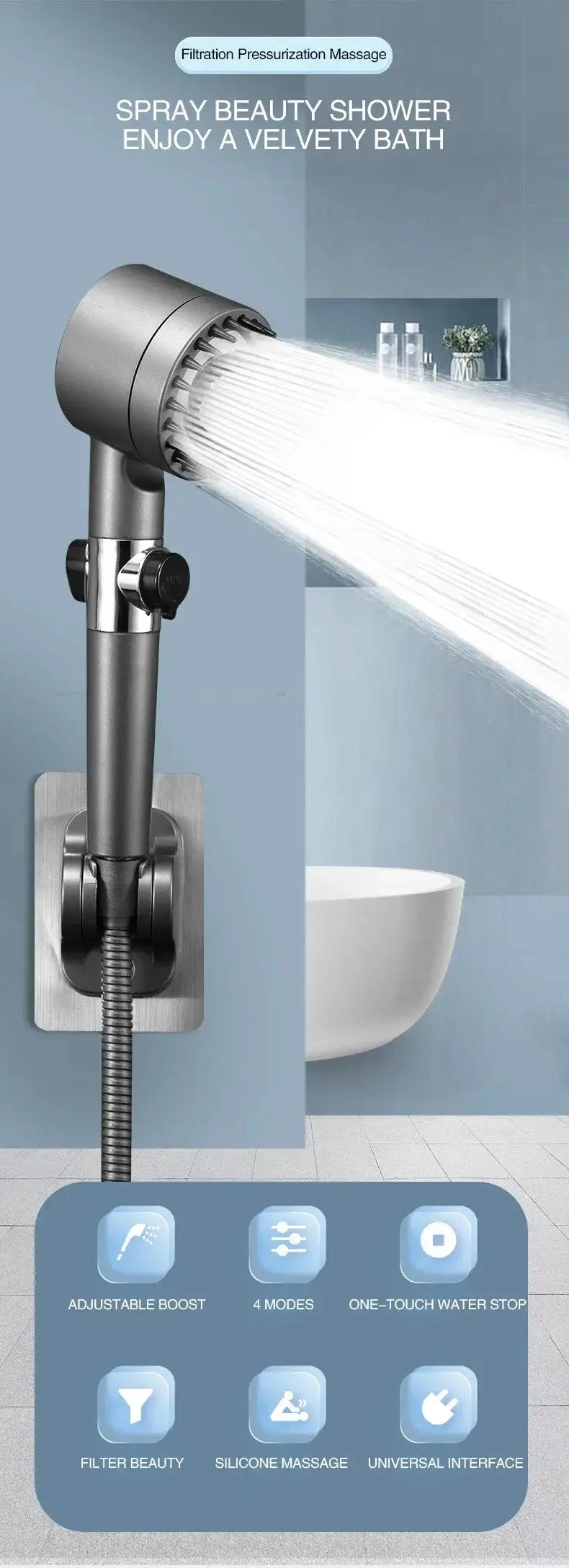 Simples Market 3-Mode adjustable high-pressure shower head with filter and massage, chrome finish, wall-mounted