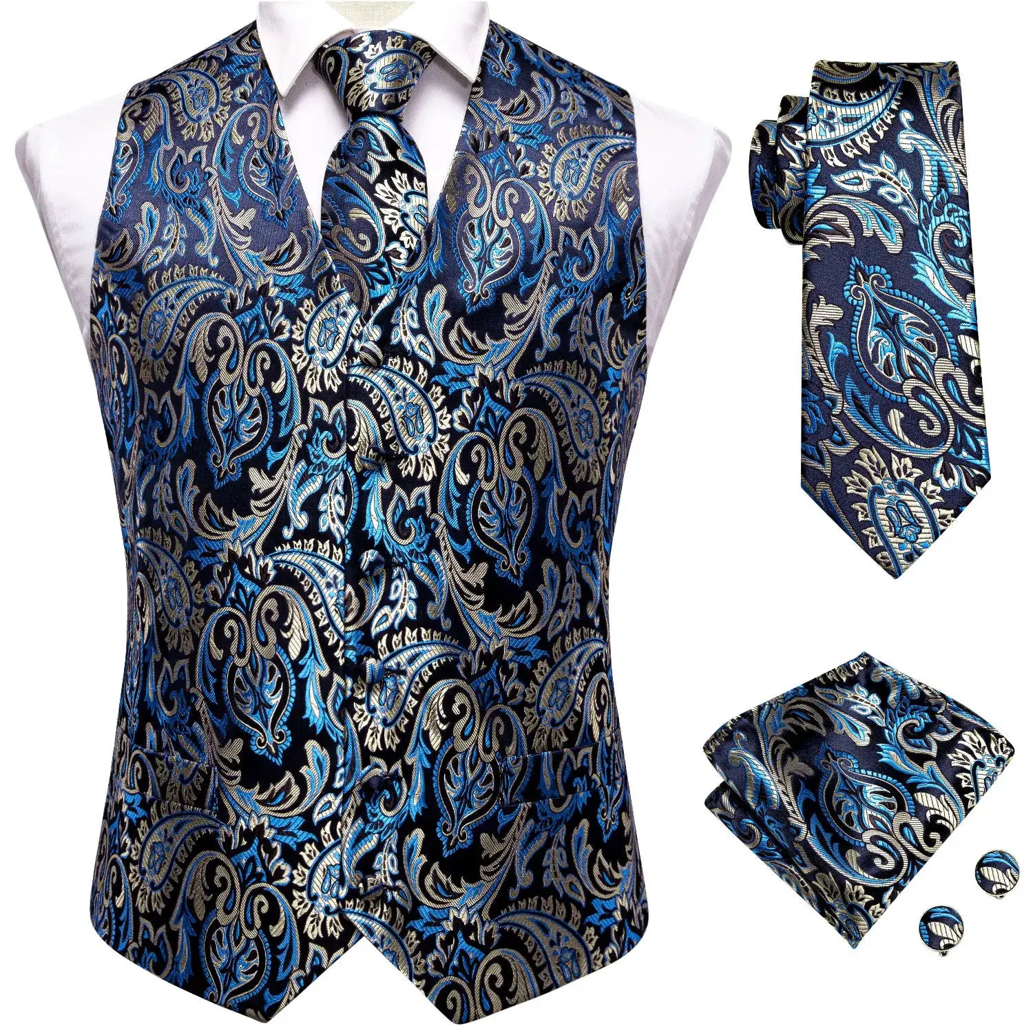 Four-piece wedding waistcoat set featuring blue paisley floral vest, matching necktie, handkerchief, and cufflinks.