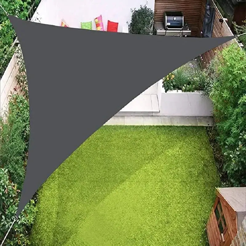 Simples Market 3x3x3m gray triangle shade sail canopy over backyard patio; waterproof outdoor sun shade.