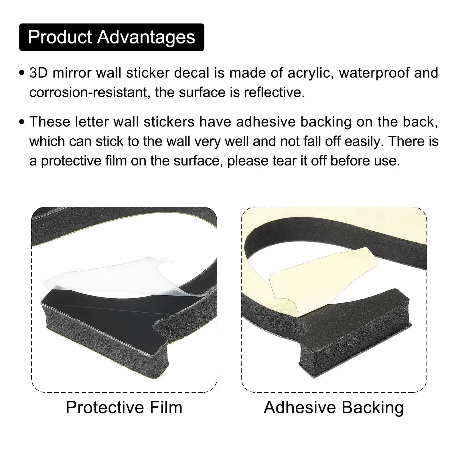 3D mirror acrylic wall sticker decals in black; two panels show protective film and adhesive backing