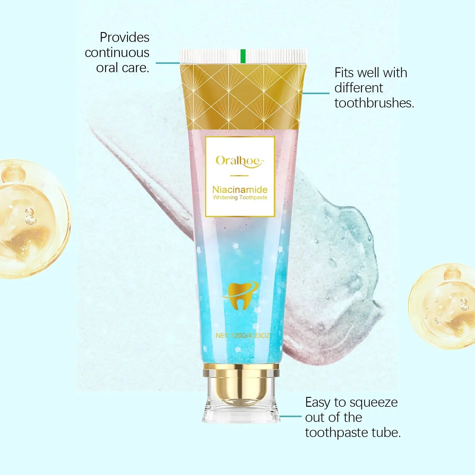 Oralhoe Niacinamide whitening toothpaste tube in gradient blue-pink packaging with gold cap