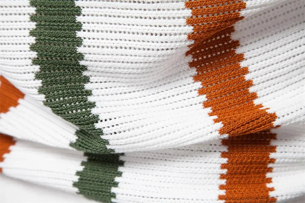 AIOPESON men's ribbed knit polo shirt fabric close-up, white with green and orange stripes