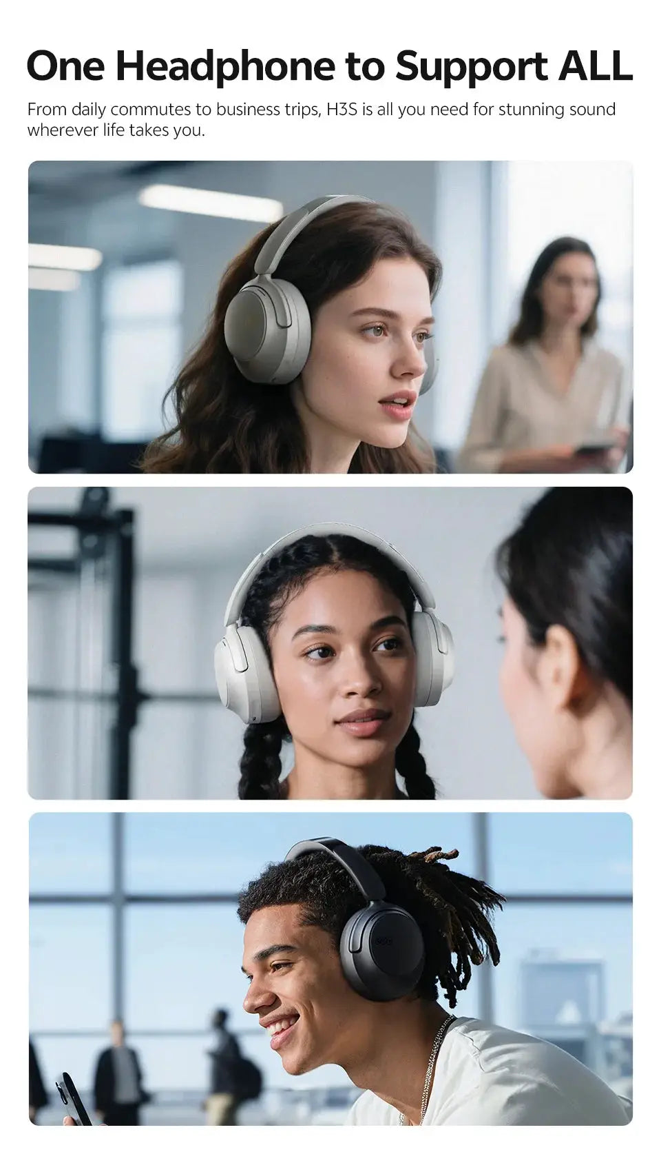 QCY H3S over-ear wireless headphones; gray/black, worn by 3 people, Simples Market