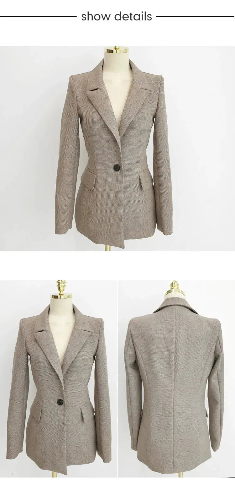 Simples Market women's beige textured blazer suit jacket for office wear, tailored single-button coat