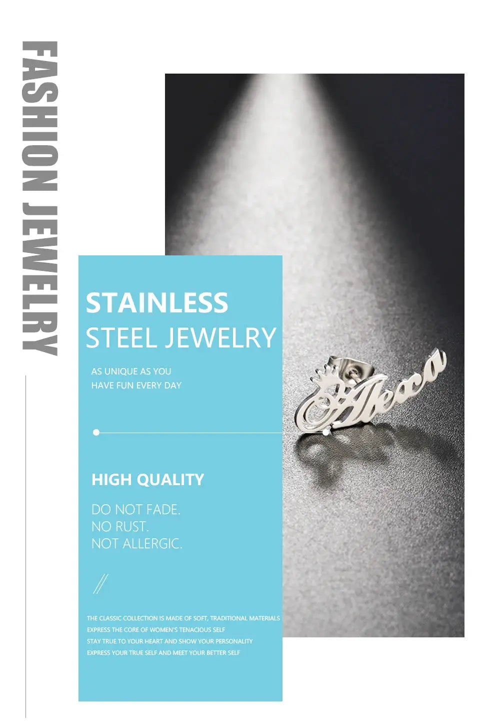 Custom name stainless steel stud earrings, silver-tone fashion jewelry image