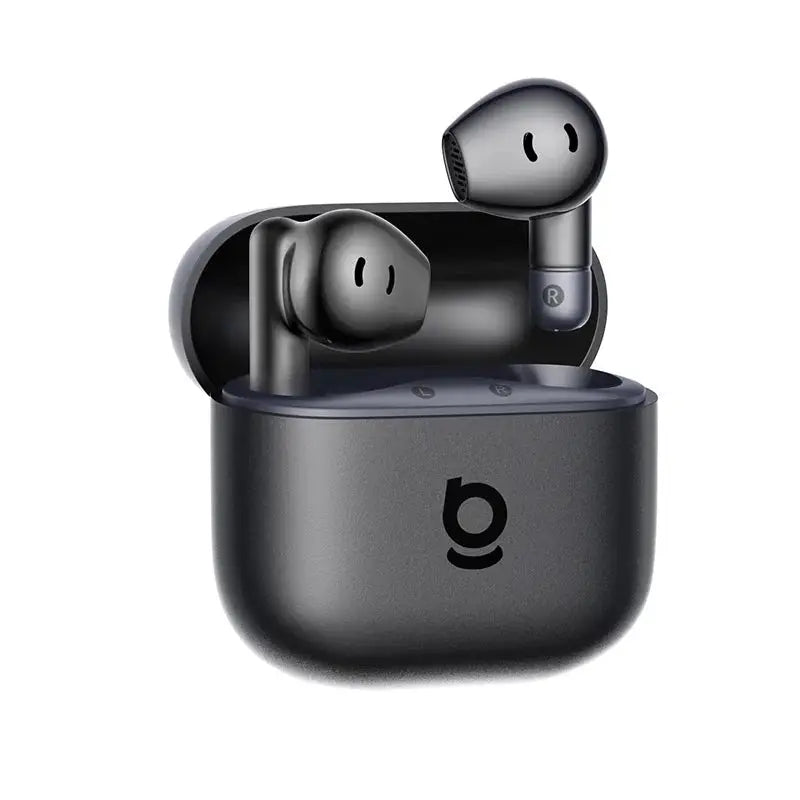 Baseus Bass BS2 Lite true wireless earbuds in charging case; black/gray finish, two earbuds, Baseus logo