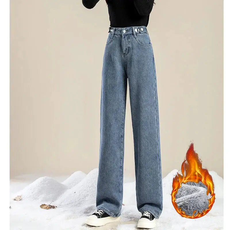 Winter Plush Thermal High Waist Jeans For Women Fleece Lined Pants