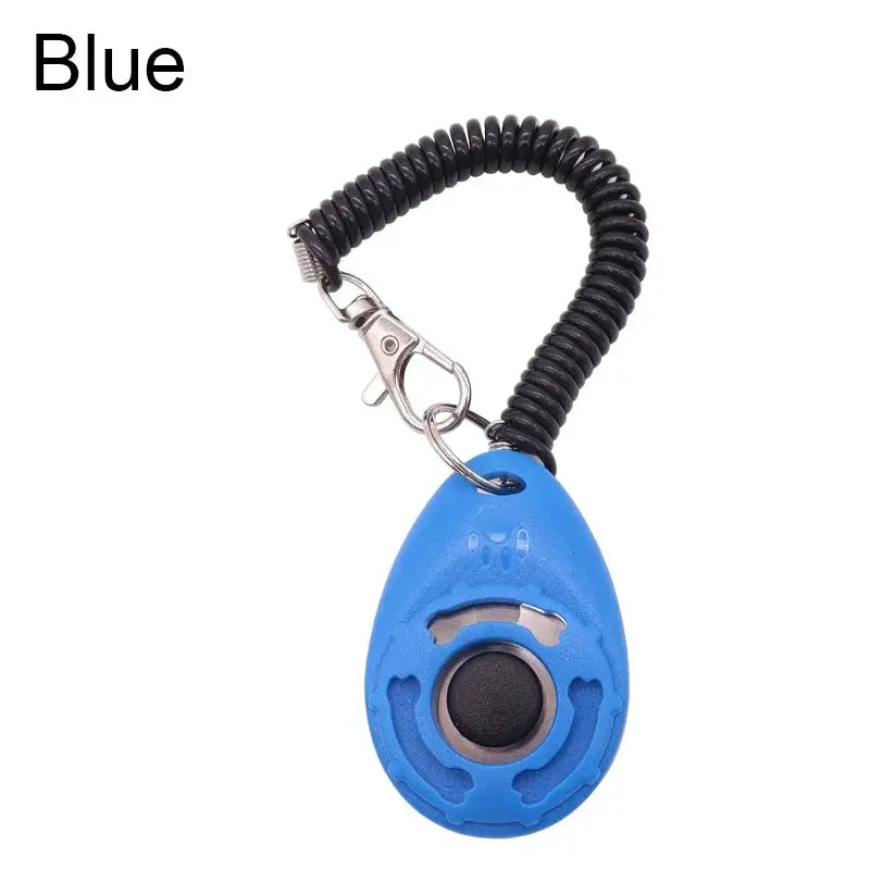 Adjustable dog training clicker in blue with black coiled wrist strap and metal clip