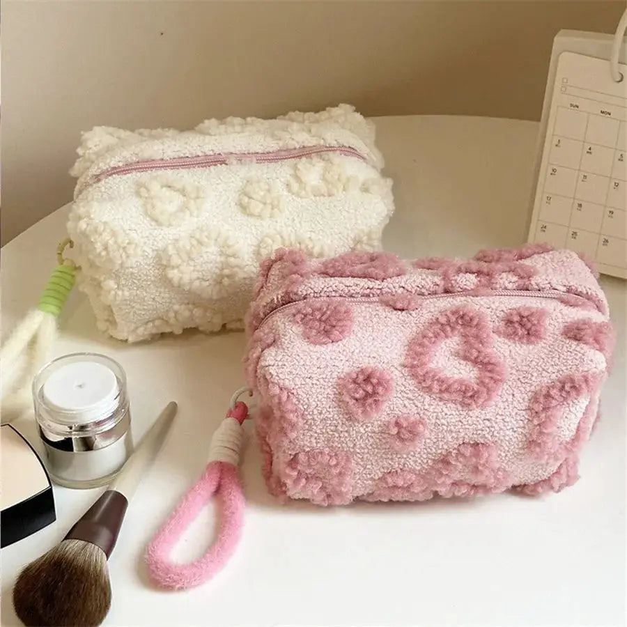 Plush Makeup Bags With Handle Portable Travel Cosmetic Storage Organizer Love Print