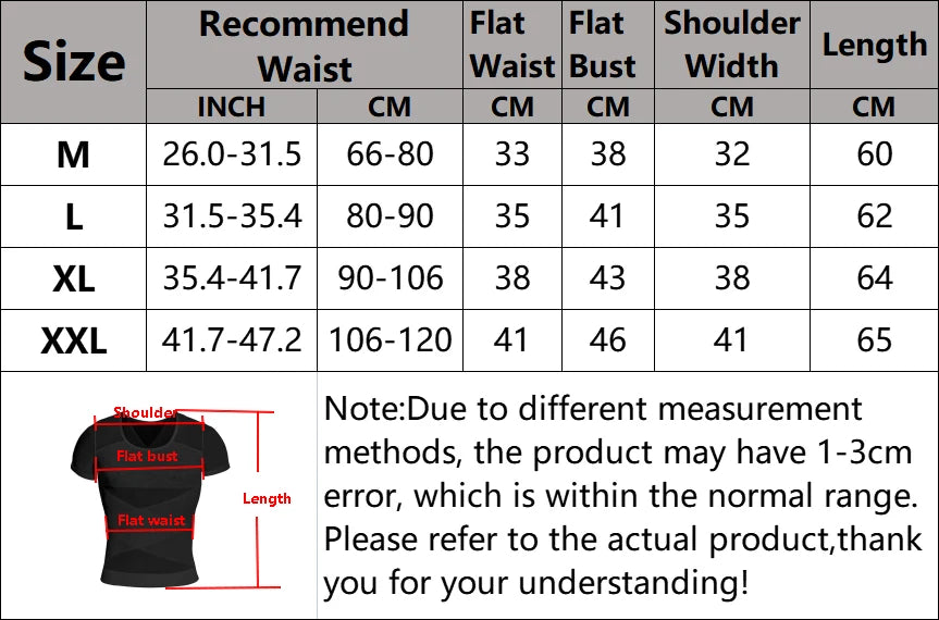 Simples Market men's mesh compression undershirt body shaper, short sleeve, black; size chart with measurements.